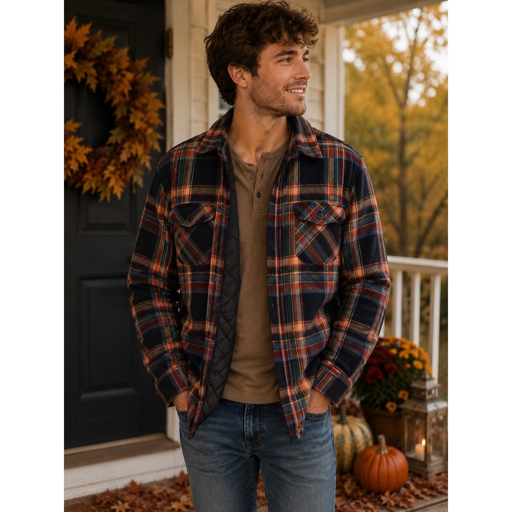 Oddi Mens Quilted Flannel Shirt Jacket Multicolor Plaid Button Up Sz M